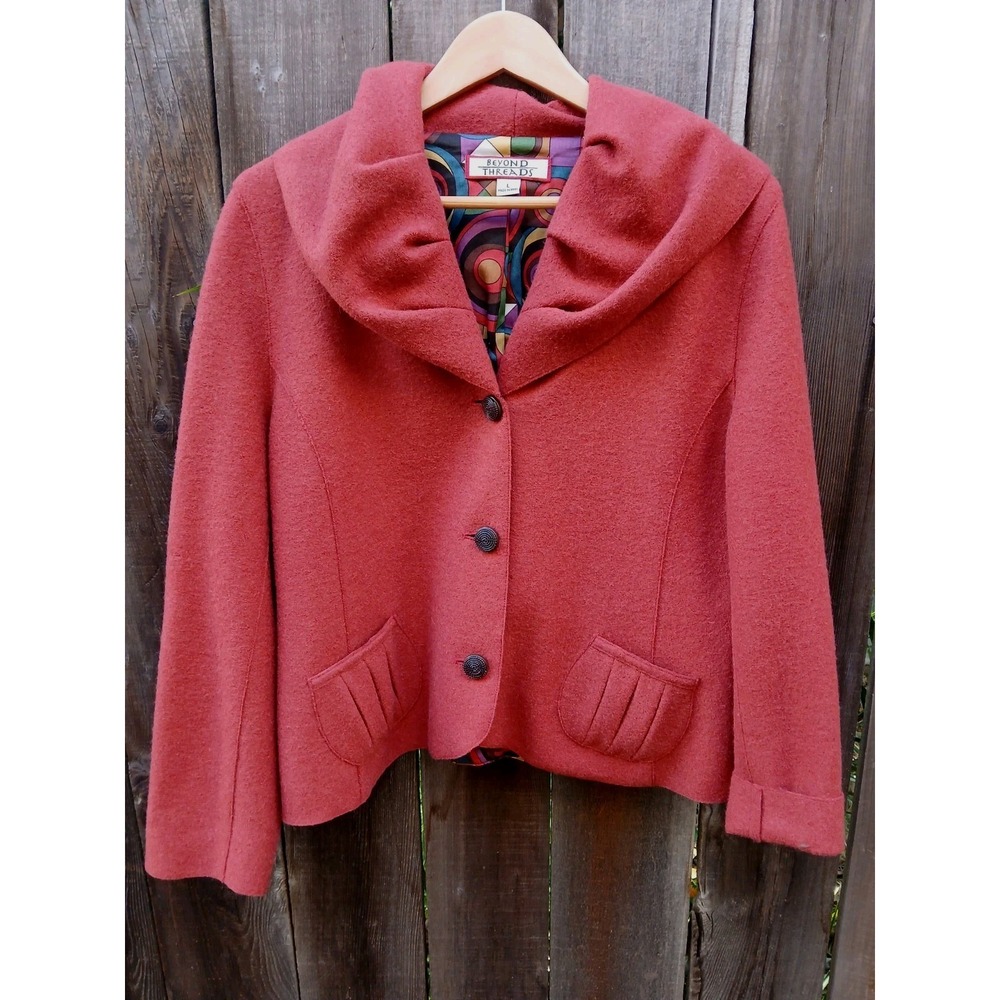 Beyond Threads Women's Brick Color Alpaca Wool Jacket‎ Colorful Liner Peru L